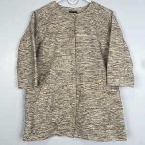 Eileen Fisher‎ Ecru Tweed Round Neck Long Jacket 3/4 Sleeve Sz Large Minimalist